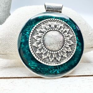 Vintage Stainless Steel Mandala Green Teal Glass Stone Pendant Large